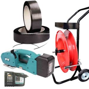 Komplet za vezivanje trakom NEO 9-16mm PET/PP sa baterijom, punjačem, PET trakom i kolicima za traku za vezivanje