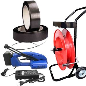 Komplet za vezivanje plastičnom trakom JET 12-16 mm PET/PP sa baterijom, punjačem, PP trakom 12 mm, kolicima za traku za vezivanje