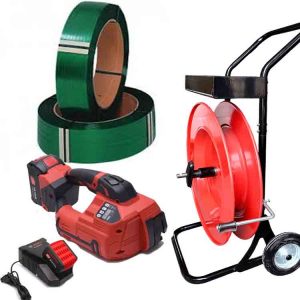 Komplet za vezivanje plastičnom trakom TITAN 10-16mm PET/PP sa baterijom, punjačem, PET trakom za vezivanje 12mm, kolicima za traku za vezivanje