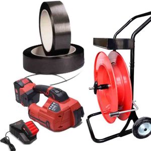 Komplet za vezivanje polipropilenskom trakom TITAN 10-16mm PET/PP sa baterijom, punjačem, PP trakom 12mm, kolicima za traku za vezivanje